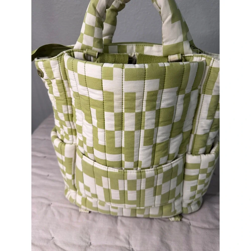 BEIS Elsa Hosk Quilted Diaper Backpack Green White Checkered with Changing Mat